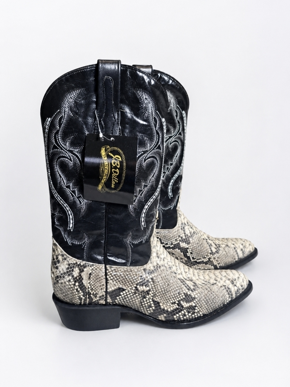J.B. Dillon Black Leather & Snakeskin Print Cowboy Boots
